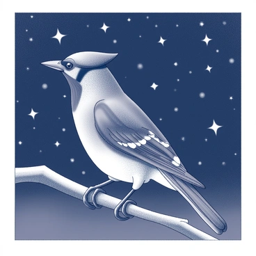 A blue jay is perched on a branch, its outline distinct against a night sky filled with numerous stars. The stars are scattered throughout the dark backdrop, twinkling brightly. The silhouette of the jay is sharp and defined, showcasing its characteristic shape, including the crest on its head and its pointed wings. The scene captures the tranquility of the night, creating a contrast between the jay and the celestial display above.
