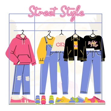 A window display showcasing a variety of trendy streetwear outfits arranged on mannequins. One mannequin is dressed in a bright red oversized hoodie paired with baggy blue denim jeans. Another mannequin features a black graphic t-shirt with a stylish bomber jacket and sleek joggers. Below the mannequins, a selection of colorful sneakers in vibrant hues are neatly arranged, including high-tops and low-tops. The background of the display is adorned with urban-themed graphics, including graffiti-style art and geometric patterns. A bright neon sign above reads "Street Style" in bold letters.