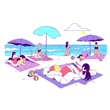 A white sandy beach is filled with people lounging under colorful umbrellas. Some individuals are lying on bright beach towels, while others are playing beach volleyball near the shore. Children are building sandcastles in front of the sparkling blue ocean waves, which are gently lapping at the beach. In the background, a few vibrant beach balls are bouncing across the sand, adding to the lively atmosphere. The sun is high in the sky, casting warm light over the cheerful scene.