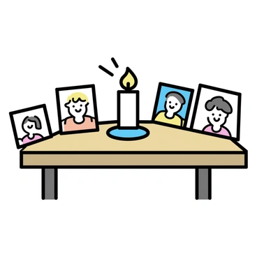 A lit candle, with a gently flickering flame, placed at the center of a wooden table. Surrounding the candle are several photographs in simple frames, showcasing smiling faces of loved ones. The photographs vary in size but all feature warm, inviting colors. The setting is intimate, radiating a sense of connection and memory as the candlelight softly illuminates the faces captured in the photographs.