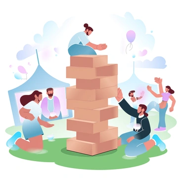 A group of people is gathered around a large Jenga tower made of oversized wooden blocks. The scene is set at an outdoor festival, with vibrant tents and colorful decorations in the background. Sunlight is streaming down, casting playful shadows on the grass below. One person is carefully removing a block from the tower while another is watching intently. There are several spectators nearby, some are cheering, and others are holding refreshments. Bright balloons are floating in the air, adding to the festive atmosphere.