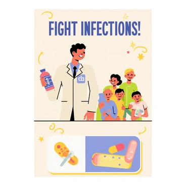 A vintage advertisement poster featuring early antibiotics from the 1940s. The poster has a warm beige background with bold, retro typography at the top stating "Fight Infections!" in dark blue letters. An illustration of a doctor in a white lab coat is prominently displayed, holding a bottle of antibiotics in one hand. Next to the doctor, there is a smiling family of three, representing health and happiness, with one child holding a toy. Below, a small image of bacteria is shown being defeated by a colorful capsule. The overall design includes decorative elements like swirls and stars, evoking the style of 1940s advertisements.