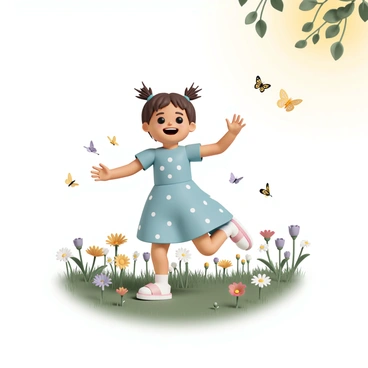A petite girl, wearing a light blue dress with white polka dots and pink sandals, is running joyfully through a meadow. She has long brown hair tied in two playful pigtails. The meadow is filled with a variety of colorful wildflowers, including yellow daisies, purple violets, and red poppies. Butterflies of different colors, including orange, yellow, and black, flutter around her as she stretches out her hands, trying to catch them. The sun filters through the leaves of nearby trees, casting a warm glow over the scene.