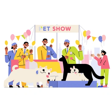 A pet show scene featuring a variety of animals being judged. A large, colorful banner reads "Pet Show" above the judging area. Several judges, smiling and enthusiastic, are holding bright foam fingers in different colors. One judge is positioned next to a fluffy white dog, while another is examining a sleek black cat. A small rabbit sits on a pedestal, with a cheerful child nearby, clapping. The background showcases a lively crowd of spectators, with colorful balloons and banners adorning the venue.