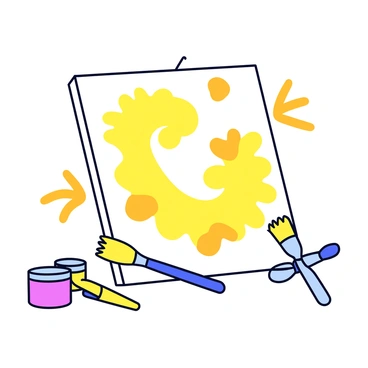A canvas displaying a vibrant abstract art piece made using turmeric powder as paint. The artwork features bold swirls and splashes of rich yellow and orange hues, creating dynamic shapes and patterns. Small containers of turmeric powder are visible on the side, alongside brushes with bright yellow bristles that have been used in the painting process. The background is plain to keep the focus on the colorful artistic expression.