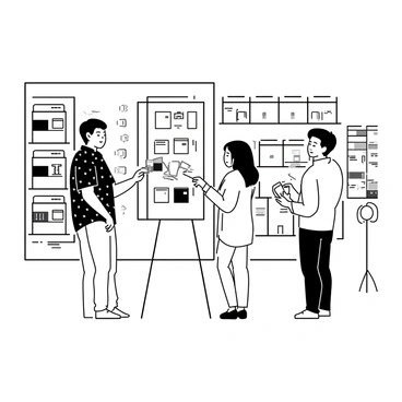 A creative salesperson standing next to a display of paint samples in a bright paint store. The salesperson is wearing a patterned shirt and jeans, with a friendly expression. They are holding a handful of color swatches and pointing to a wall filled with various paint colors. A customer, looking interested and engaged, is standing nearby, considering the options. The store is filled with shelves of paint cans and large posters showing color combinations. Bright lights illuminate the space, enhancing the vibrant colors of the paint.