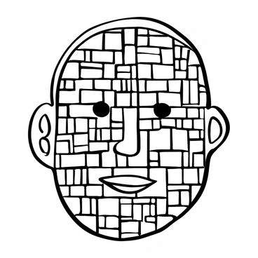 A face composed of tiny mosaic tiles, arranged in an intricate pattern. Each tile is distinctly shaped and varies in size, creating texture across the surface. The overall structure of the face is outlined boldly, with the tiles forming a clear definition of features. There is a variety of shapes, including squares and rectangles, with different patterns etched into some tiles, adding depth to the composition. The background is a simple, unadorned surface that contrasts with the complexity of the mosaic design.