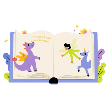 An open storybook with a colorful cover featuring a golden title. The pages are filled with bright illustrations of whimsical creatures like a purple dragon with orange spots, a green fairy with transparent wings, and a blue unicorn with a sparkling mane. These creatures appear to be playfully leaping off the pages, creating a sense of movement. The background includes hints of a forest with oversized flowers and twinkling stars, enhancing the magical atmosphere of the scene.
