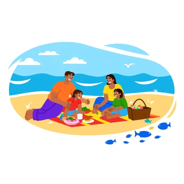 A family of four enjoying a picnic by the sea on a bright, sunny day. The family consists of a father, mother, and two children, all sitting on a colorful picnic blanket. They have various snacks and a large sandwich on a picnic basket beside them. In the background, waves gently crash onto the shore, and seagulls can be seen flying overhead. Scattered along the sandy beach are vibrant blue fish illustrations, adding a playful touch to the scene. The sky is clear with a few fluffy clouds drifting by.