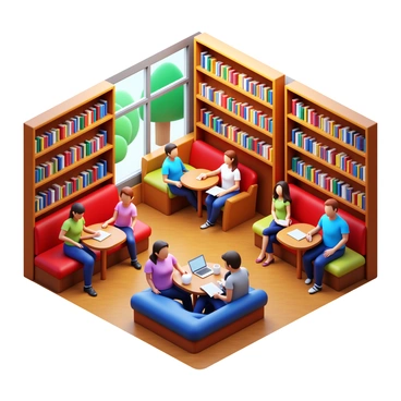A cozy student café bar featuring wooden bookshelves filled with various books. There are multiple comfortable study nooks with plush seating and small tables. Students are sitting at these nooks, some focused on their laptops while others are engaged in conversation. Several students are sipping coffee from white mugs. Soft lighting illuminates the space, creating a warm atmosphere. A large window shows a view of trees outside, adding to the inviting ambiance of the café.