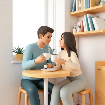 A couple, a man and a woman, sitting close together at a small wooden table in a cozy coffee shop. The man has short brown hair and is wearing a light blue shirt and dark jeans. The woman has long dark hair, wearing a soft beige sweater and light gray pants. They are smiling at each other while sharing a large coffee cup, with steam gently rising from the drinks. The background features a warm atmosphere with soft lighting, bookshelves filled with books, and a few plants in small pots on the windowsill.