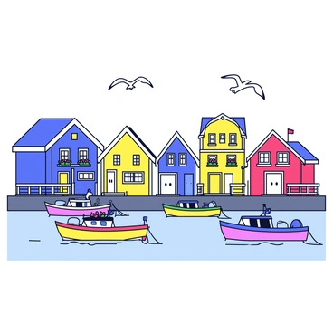 A quaint seaside village featuring a row of colorful houses painted in bright hues of blue, yellow, and red. Each house has a small porch with white railings and some have flower boxes with blooming flowers. In the harbor, several fishing boats are docked, each painted in contrasting colors, with their nets and fishing gear visible. The calm water reflects the vibrant colors of the houses and boats, and there are seagulls flying above, adding to the coastal atmosphere.