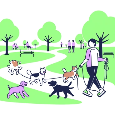 A person is walking in a park, surrounded by several dogs. The dogs are varying breeds, all appearing joyful and energetic. The person, dressed casually, holds multiple leashes in one hand while smiling at the dogs. The park is filled with green grass and trees in the background, providing a scenic environment. Some dogs are playfully jumping, while others are trotting alongside the person. In the distance, there are people enjoying their time, creating a lively atmosphere. A few park benches are visible under the trees, and a pathway is winding through the park.