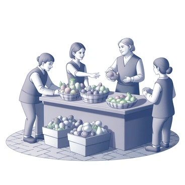 Hobbits bustling around a vibrant market stall filled with fresh produce and baked goods