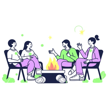 A group of four friends is sitting around a fire pit during the evening. They are comfortably arranged on a circle of rustic chairs made of wood. The fire pit is at the center, with flames rising and casting a warm glow. One friend is leaning back in their chair, laughing, while another is animatedly telling a story with hand gestures. The other two friends are leaning in, engaged and smiling. The surroundings are filled with a few scattered logs and a gentle, dim light from the fire illuminating their joyful expressions.