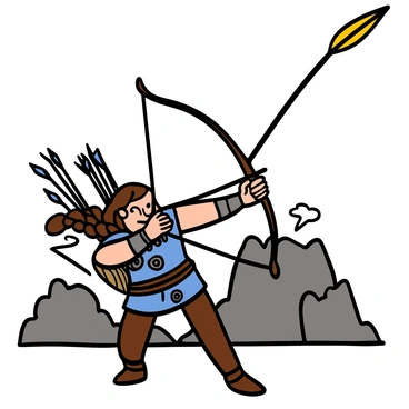 A Viking archer with light skin and long, braided brown hair is in action, drawing a bowstring back. He is wearing a traditional Viking tunic with leather armor and carries a quiver full of arrows on his back. The archer is focused, with his eyes narrowed in concentration, aiming intently at his target. The arrow is released and flying through the air, while the archer's muscular arm is extended towards the sky. In the background, a rugged landscape with rocky hills and a cloudy sky completes the scene.