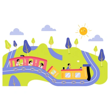 A colorful train with bright blue, red, and yellow cars is traveling along a winding track. The train is adorned with whimsical patterns and designs. The landscape features rolling hills in vibrant shades of green and purple, dotted with oversized flowers and trees with exaggerated shapes. Curious passengers can be seen looking out of the windows, their faces filled with wonder as they gaze at the enchanting scenery. Above, a sky filled with fluffy, stylized clouds and a cheerful sun adds to the magical atmosphere.