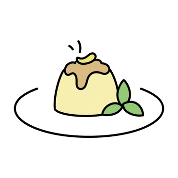 A round white plate holds a delicate dessert. The dessert features a smooth layer of creamy vanilla mousse topped with thin, golden "jackfruit chips." A glossy "drizzle of caramel" cascades artistically over the mousse, glistening in the light. On the side, there are a few fresh mint leaves for contrast, adding a touch of green to the presentation.
