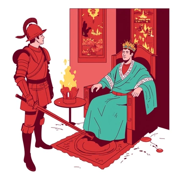 A red conquistador in ornate armor stands confidently on the left, holding a gleaming sword in his right hand. His helmet features a plume in a contrasting color. Across from him, a teal emperor dressed in vibrant traditional robes and adorned with intricate patterns is seated on an elaborate throne. The emperor has a jeweled crown atop his head and holds a scepter in his left hand. Behind the emperor, there are rich tapestries hanging on the walls, depicting scenes of his kingdom. The two figures maintain eye contact, conveying a sense of negotiation and tension in the air. The ground is adorned with elaborate rugs, and there are torches flickering along the walls, casting dramatic shadows around the room.