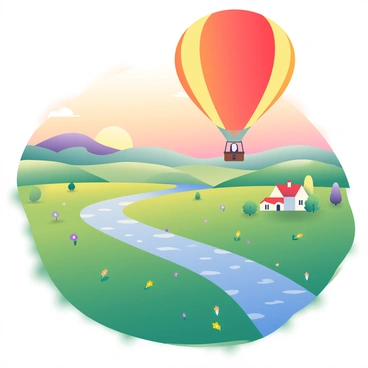 A large, colorful hot air balloon with a bright red and yellow pattern is floating gently above a picturesque countryside landscape. Below, expansive green fields stretch out, dotted with wildflowers in shades of purple and yellow. A narrow, winding river reflects the warm hues of the setting sun, casting a golden glow across the scene. In the distance, rolling hills rise against the sky, which is painted in soft gradients of orange, pink, and purple. Small clusters of trees provide shadows on the ground, and a quaint farmhouse with a red roof is visible among the fields. The atmosphere is tranquil, capturing the beauty of an evening sky.