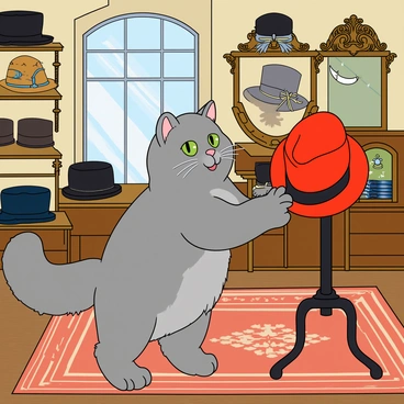A fluffy gray cat with bright green eyes is standing on its hind legs, curiously exploring a vintage hat shop. The shop is filled with an array of colorful hats on display, including top hats, wide-brimmed sun hats, and feathered fascinators. The walls are lined with ornate, antique mirrors and wooden shelves filled with various trinkets. The floor is covered in a patterned rug that adds to the vintage charm. Sunlight streams through a large window, casting soft shadows and highlighting the intricate designs of the hats. The cat's tail is playfully swaying as it reaches out to touch a bright red hat perched on a nearby stand.