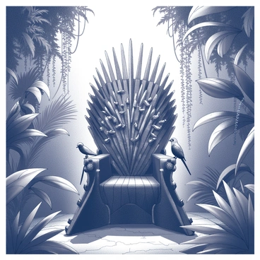 A large Iron Throne sits prominently in the center of a dense jungle. The throne is intricately designed with jagged metal spikes and a worn appearance, surrounded by thick foliage that creates a natural frame. Exotic birds perch on the armrests of the throne and among the nearby branches, showcasing their unique shapes and textures. The dense greenery envelops the scene, with large leaves and vines cascading down, contributing to the vibrant atmosphere of the jungle. Sunlight filters through the canopy above, casting intricate shadows on the throne and the surrounding ground.