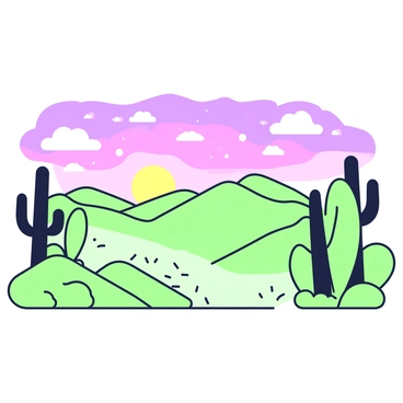 A breathtaking sunset over a vast desert landscape, with silhouettes of cacti in the foreground.