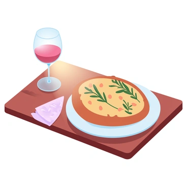 A cozy setting with a glass of red wine and a plate of rosemary focaccia