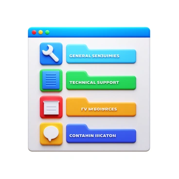 A colorful FAQ webpage featuring a series of icons representing different topics. Each icon is designed in a 3D style and distinctly illustrates its corresponding topic, such as a question mark for general inquiries, a wrench for technical support, a book for resources, and a chat bubble for contact information. The webpage layout is organized with vibrant colors, including shades of blue, green, red, and yellow, creating an engaging visual experience. Text headings above each icon clearly label the topics, ensuring easy navigation for users.