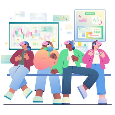 In a futuristic virtual reality setting, a group of diverse individuals is engaged in trading stocks on margin. They are wearing sleek, high-tech VR headsets and gloves that display holographic interfaces. Bright data streams and stock charts are floating around them in mid-air, showcasing real-time market fluctuations. Each trader is focused, their expressions a mix of concentration and excitement. In the background, vibrant digital billboards present stock prices and financial news. The environment is filled with soft neon lights that give a high-tech ambiance. Transparent screens display complex algorithms and trading strategies, creating a dynamic backdrop for the trading activity.