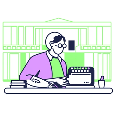 A court reporter is seated at a wooden desk, focused on typing on a stenotype machine. The reporter has short hair and is wearing glasses. The stenotype machine has multiple keys and is positioned in front of the reporter. To the left, there is a stack of legal documents, and to the right, a small notepad and a pen. In the background, there is a large courtroom with rows of wooden benches and a judge's podium visible. The lighting is bright, highlighting the reporter's concentration as they capture every word spoken during the trial.