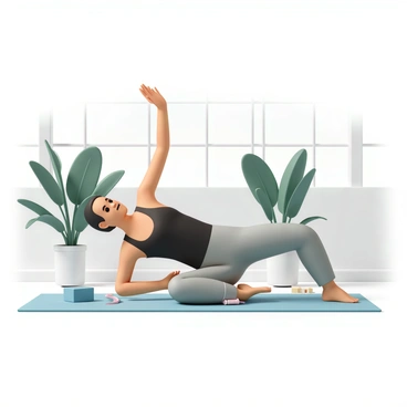 A participant at a yoga retreat is lying on a mat, performing the dead bug exercise. The person is wearing a fitted black tank top and comfortable gray yoga pants. Their arms are extended towards the ceiling, and their legs are bent at the knees, creating a 90-degree angle. Surrounding them are lush green plants and soft, natural light filtering through large windows, creating a peaceful atmosphere. A few yoga props, like blocks and straps, are scattered nearby, and the participant's focused expression indicates concentration on their practice.