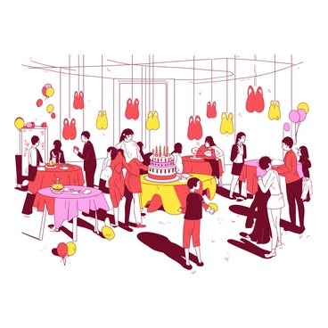 A white room is filled with colorful party decorations. Hanging from the ceiling are multiple "rabbit's foot" decorations in various sizes, each one featuring a different shade of "red" and "yellow." Several round tables are set up around the room, covered with vibrant tablecloths that match the decorations. Brightly colored balloons are scattered throughout the space, and a large cake is displayed on one of the tables, adorned with playful frosting designs. Guests are mingling and enjoying the festive atmosphere, creating a lively and cheerful scene.
