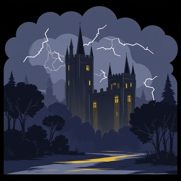 A dark stormy night sky filled with swirling gray clouds. Bright flashes of lightning streak across the sky, illuminating a tall, imposing castle in the background. The castle has tall spires and battlements, with stone walls that appear damp from the rain. The ground is wet, reflecting the occasional glow of the lightning. Nearby, trees sway in the wind, their branches bending under the force of the storm. The entire scene conveys a sense of drama and intensity.