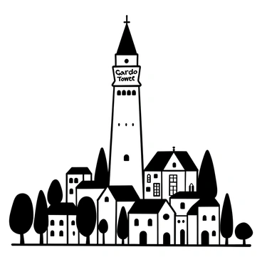 A tall, elongated tower with a distinctive shape stands prominently against a sky backdrop, with "Gardoš Tower" inscribed on its structure. Below the tower, a collection of historical buildings and rooftops of "old town of Zemun" sprawls out, showcasing varied architectural styles. Several trees surround the base of the tower, adding to the natural scenery. In the distance, the river is visible, reflecting the surrounding landscape. The overall composition captures a rich tapestry of urban and natural elements, with the tower serving as the focal point.