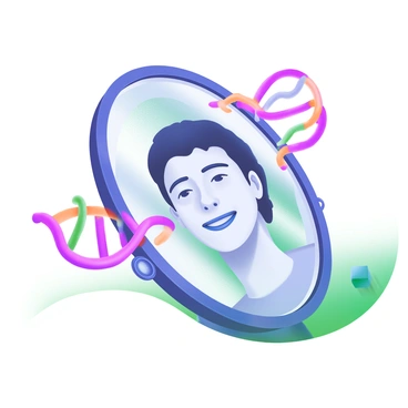 A modern pastel illustration of a mirror that shows a person's face in the reflection. The face is smiling and has distinct features. Surrounding the reflection of the face are colorful, swirling DNA strands that appear to be forming from the edges of the mirror. The mirror itself has an ornate frame, adding depth to the scene. The background is softly colored to enhance the focus on the mirror and the intricate details of the DNA strands.