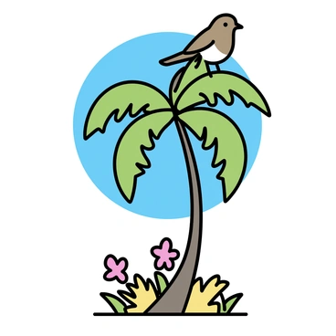 A nightingale with soft brown feathers is perched gracefully on a tall palm tree branch. The palm tree has large, vibrant green fronds that fan outwards against a clear blue sky. Below the tree, there is a lush tropical landscape filled with vibrant flowers in shades of orange and pink. The scene conveys a sense of tranquility and the beauty of nature in a tropical setting.