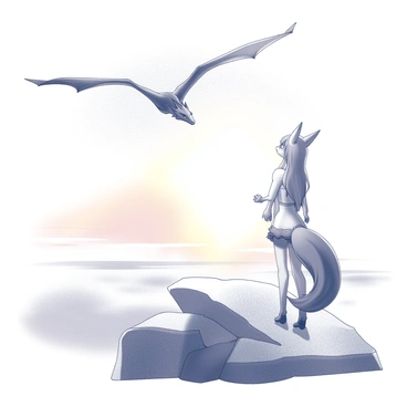 A character with fox-like features stands on a rocky outcrop. She has long, flowing hair and multiple fox tails elegantly draped behind her. The character gazes towards the horizon where a sunrise is unfolding, casting light across the sky. A dragon, majestic and powerful, soars through the air, its wings spread wide as it catches the early light. The scene is filled with a sense of wonder, capturing the moment as the warm glow of the sunrise contrasts with the dragon's presence above. The rocky terrain adds texture to the foreground, emphasizing the character's observation of the stunning sky.