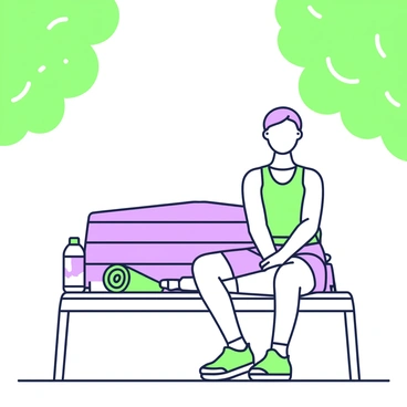 A person is sitting on a park bench, focusing on scapular retraction exercises. The individual has short hair and is wearing a fitted workout shirt and athletic shorts. They are positioned with shoulders back and down, demonstrating proper form. On their left, a water bottle rests on the bench, and there is a yoga mat rolled up next to the bench. In the background, trees with green foliage frame the scene, indicating a tranquil park setting.