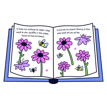 An open children's book with a bright, colorful cover displaying playful illustrations. The pages are turned to a section featuring vibrant echinacea flowers in shades of pink and purple. Each flower is depicted with detailed petals and a prominent cone-shaped center. Surrounding the flowers are engaging fun facts presented in a playful font. The background of the page is filled with cheerful elements like butterflies and buzzing bees, enhancing the lively atmosphere. The edges of the pages are slightly curled, indicating the book has been well-loved and frequently read.