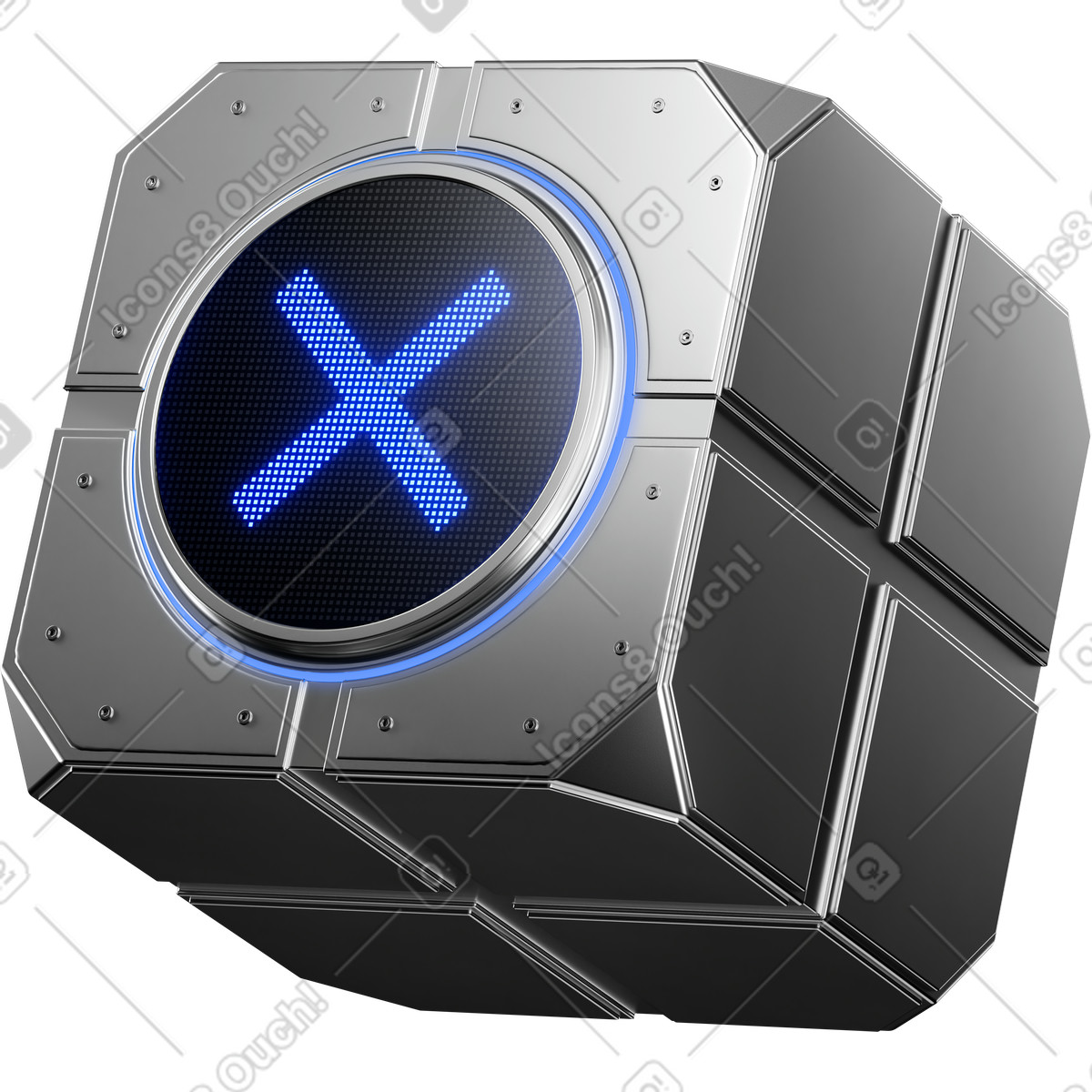 Иллюстрация Cube error symbol glowing blue cross on metallic tech block в стиле 3D Pro — скачать в форматах PNG, SVG