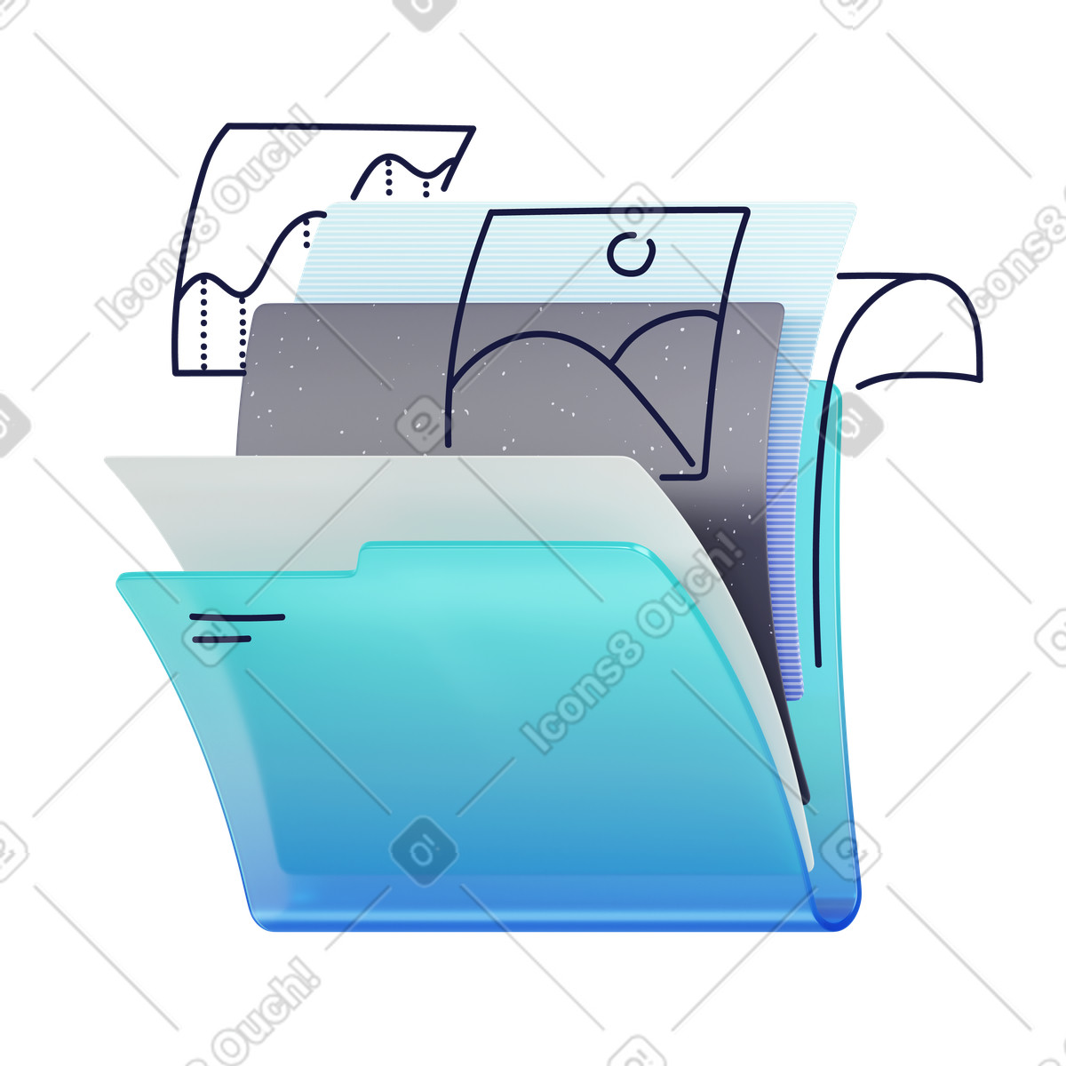 Open folder with documents and images, File management organization animated illustration in 3D Surfaced style download in GIF, Lottie (JSON), AE