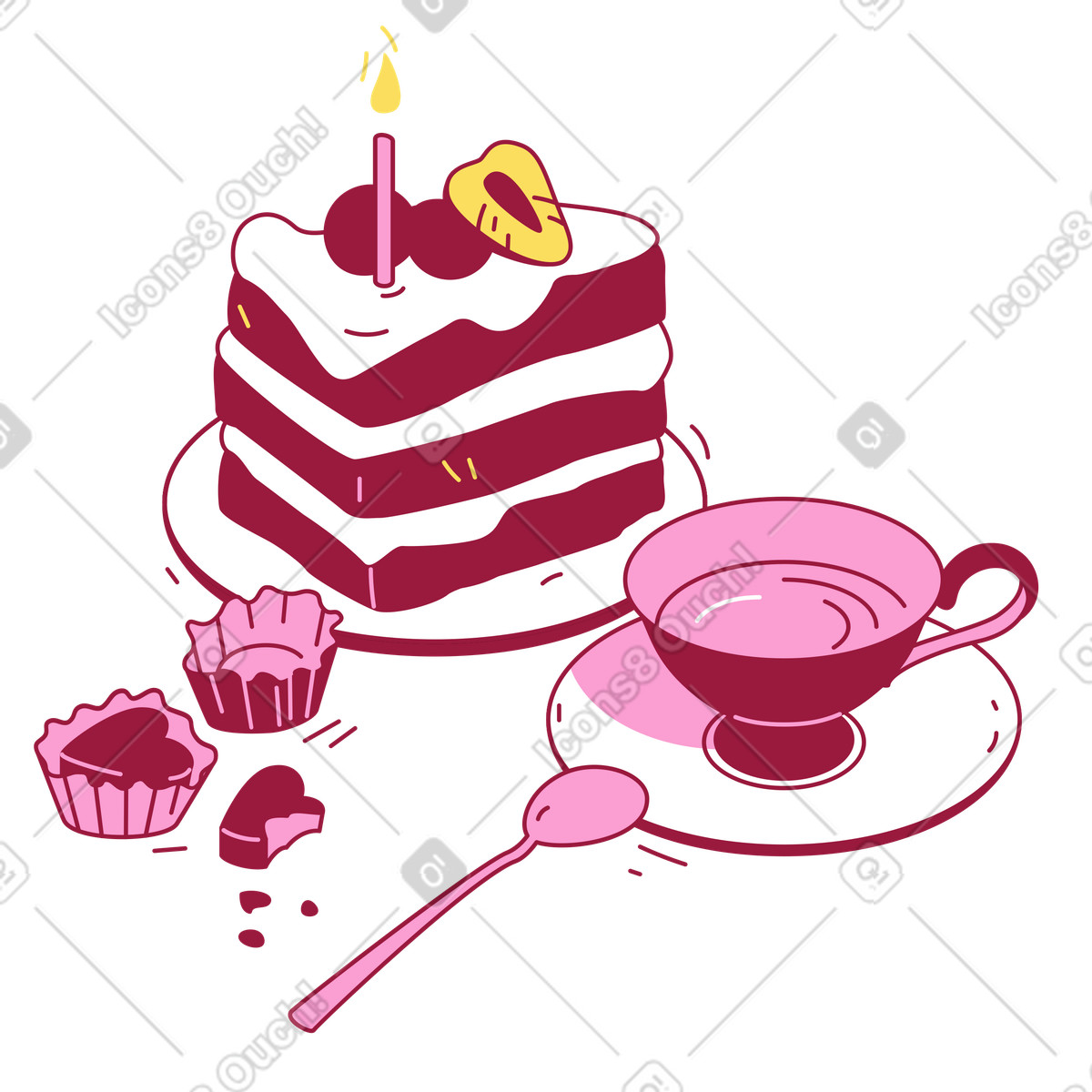 Ilustração de Pedaço bolo aniversário, chá e doces em no estilo Storyline para baixar em PNG, SVG