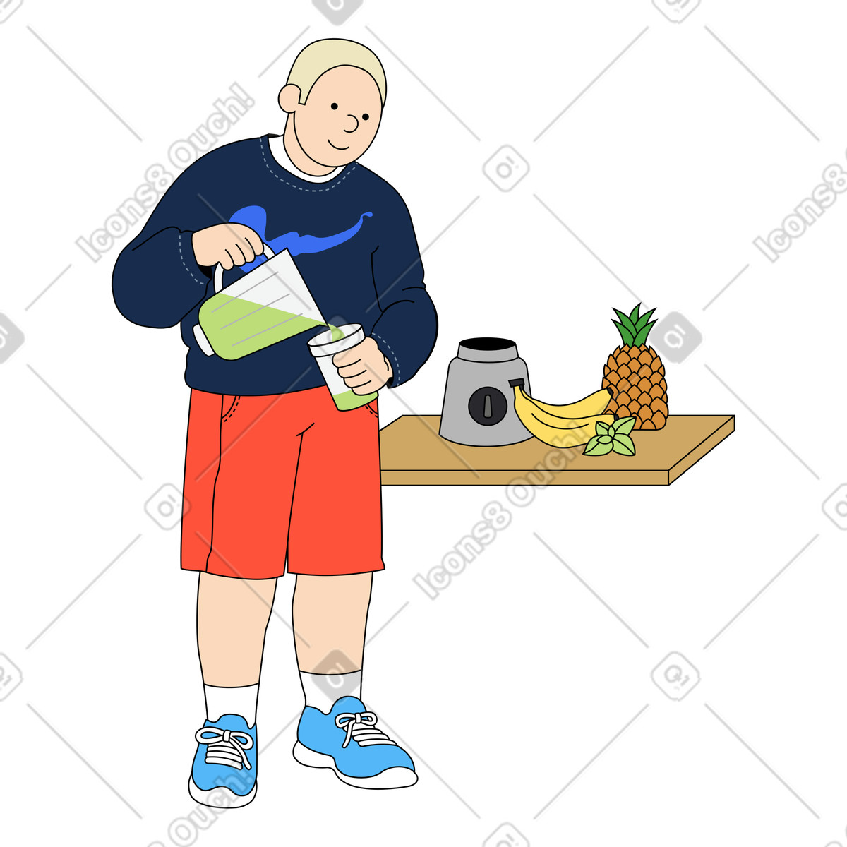 Young man makes himself a fruit smoothie illustration in Kindy style download in PNG, SVG