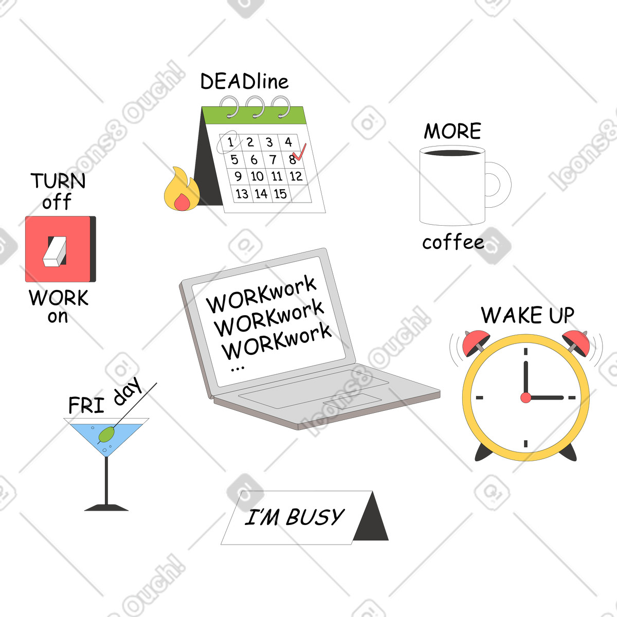 Office items sticker pack illustration in Sitcom style download in PNG, SVG