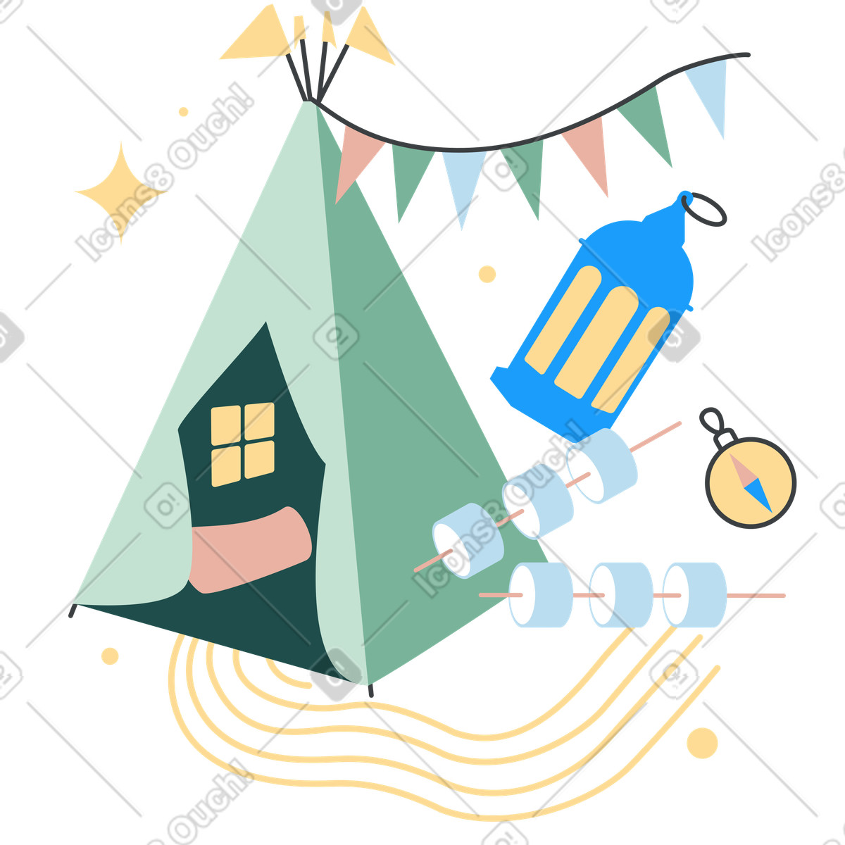 Children’s tent and roasted marshmallows, Sleepover or backyard camp illustration in Kiddo style download in PNG, SVG