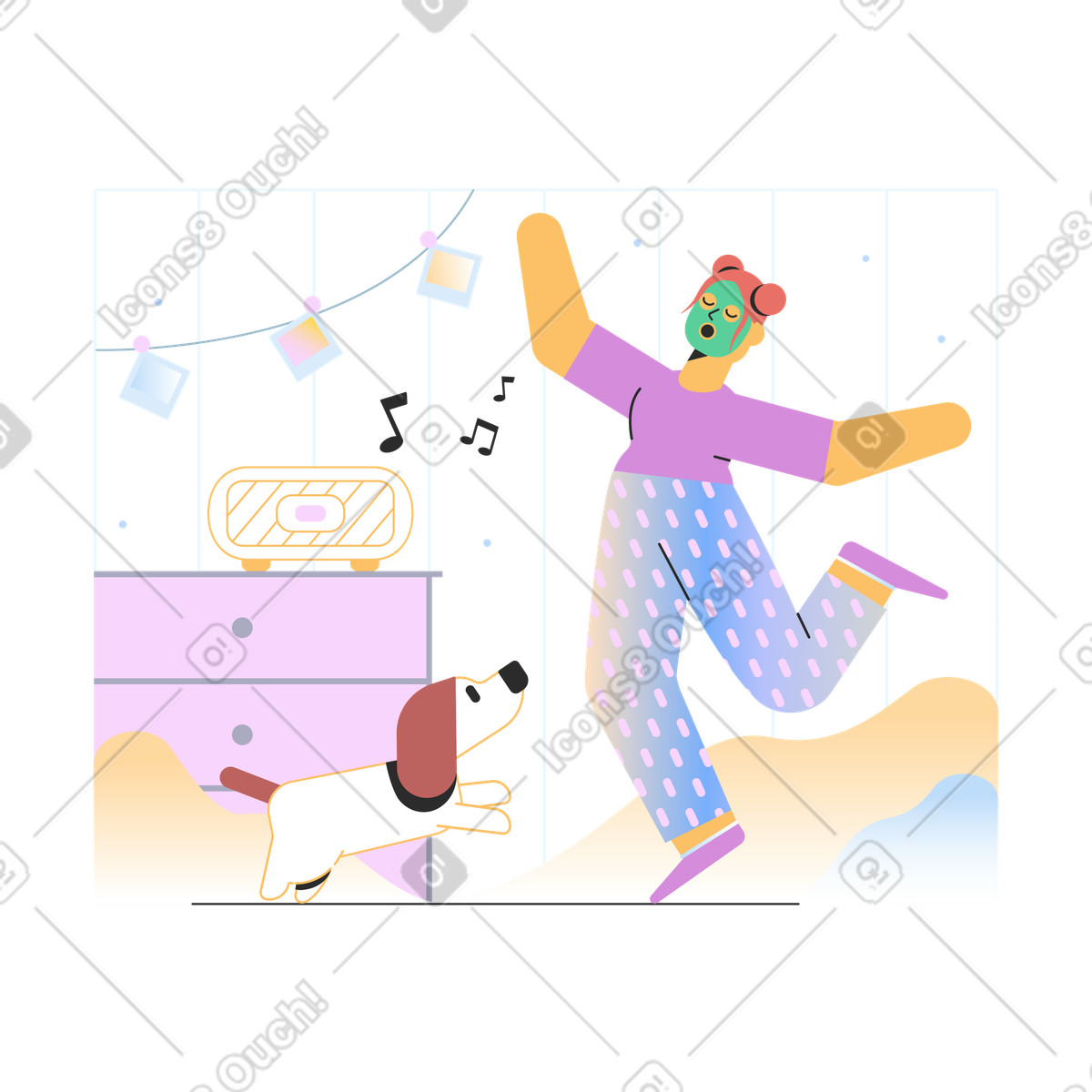 Ilustración Chica en pijama bailando y cantando estilo Marginalia a descargar PNG SVG
