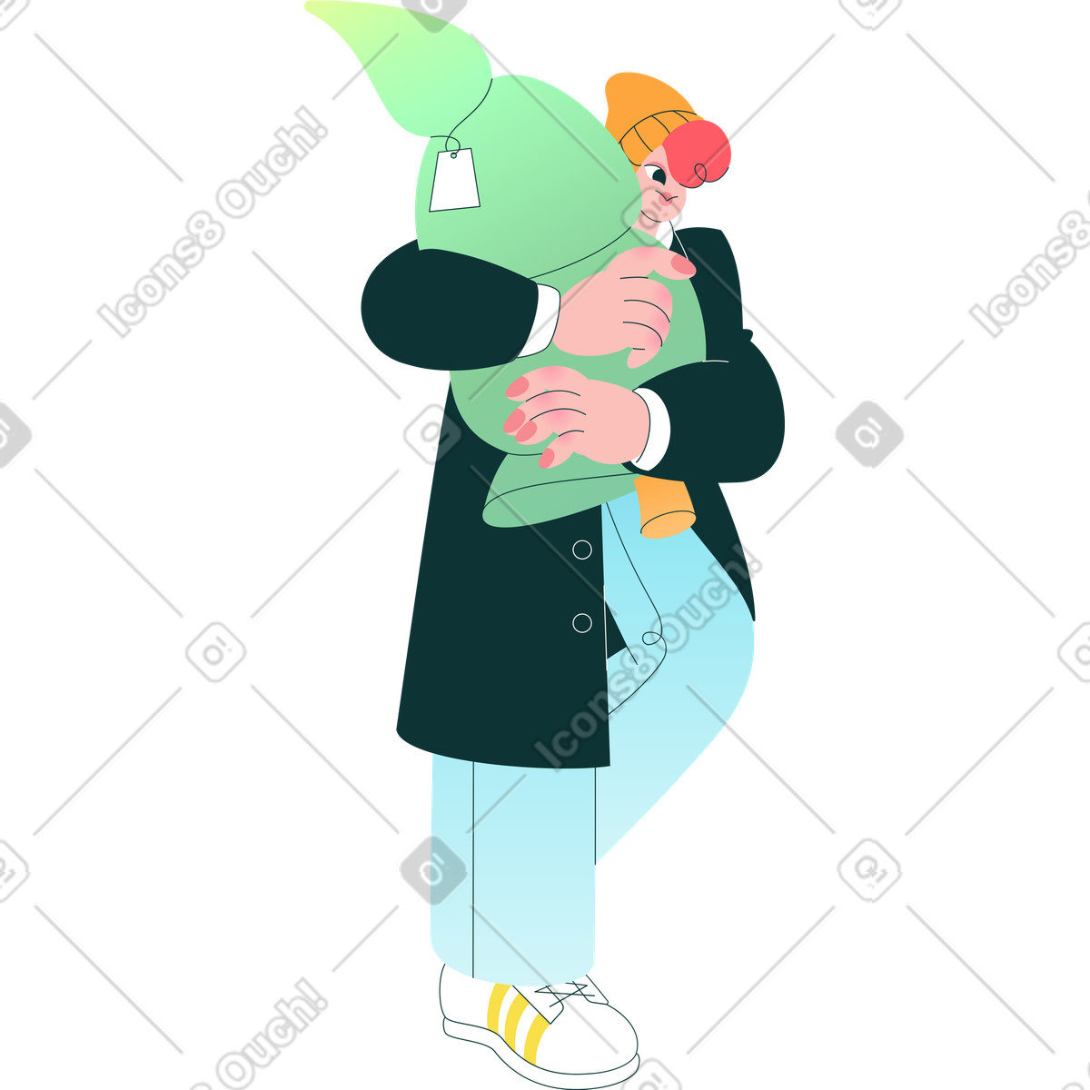 Man in coat and beanie walking with a christmas tree illustration Florid style download PNG, SVG