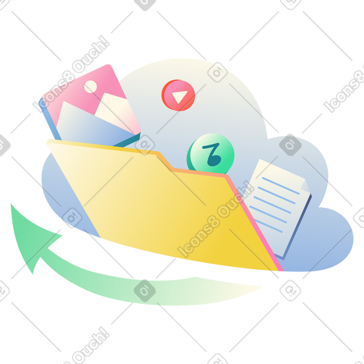 Cloud folder with files and media icons, Digital assets in cloud storage illustration in PNG, SVG