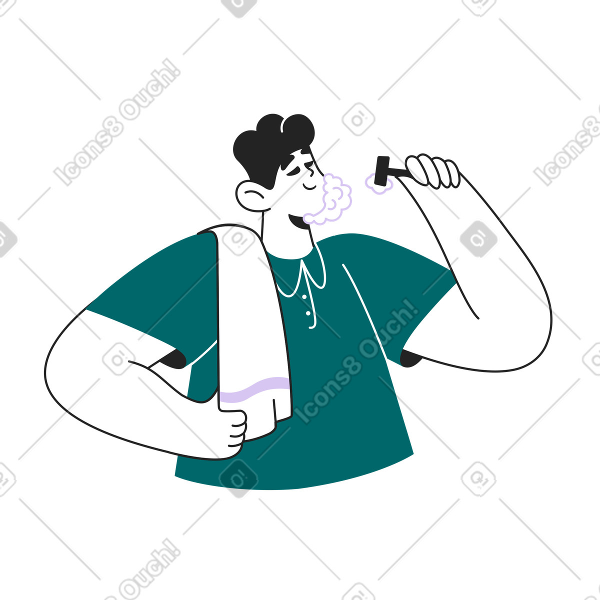 Shaving using foam and razor, Personal hygiene facial hair removal illustration in Sammy Line style download in PNG, SVG